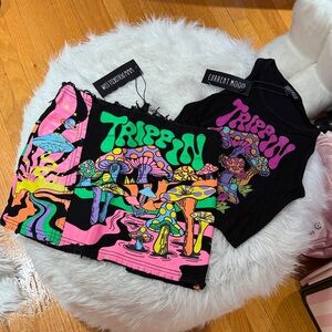 Current Mood XS Festival Set Alien Mushroom Black Distressed Crop Top and skirt